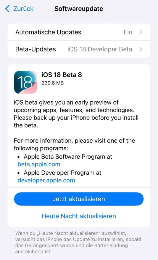 临沂苹果手机维修分享苹果 iOS / iPadOS 18 开发者预览版 Beta 8 发布 